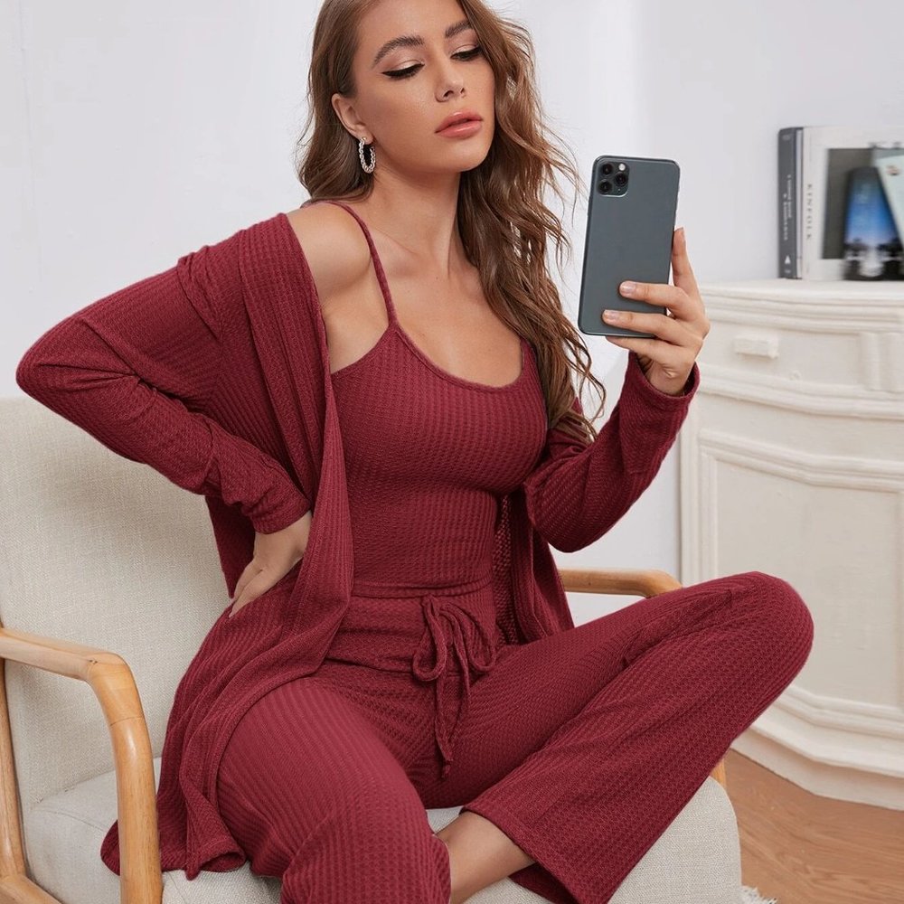 Rust Burgundy Waffle Weave 3 Piece Lounge Set - Picture 2 of 10